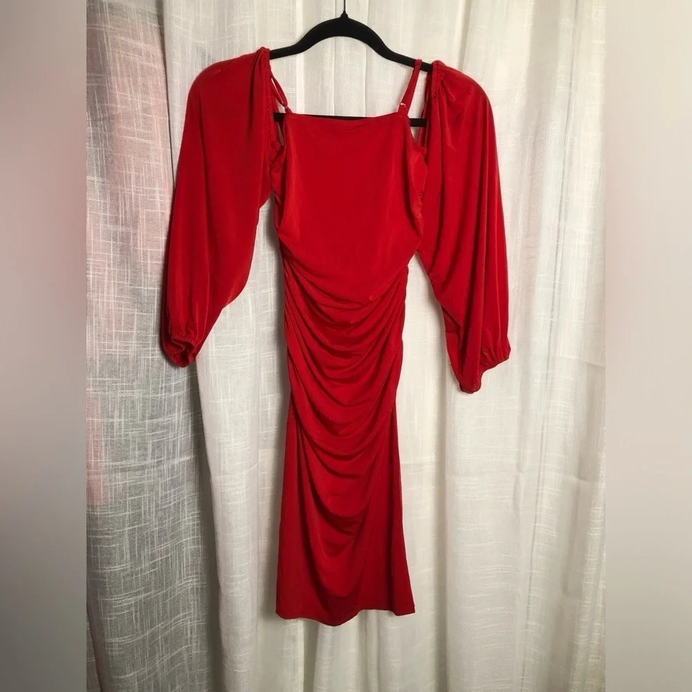 VENUS Red Draped Puff Long Sleeve Dress Small NWOT